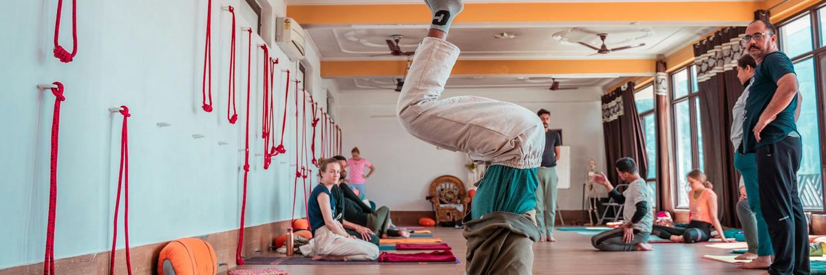 Wide abstract view of peaceful yoga practice environment